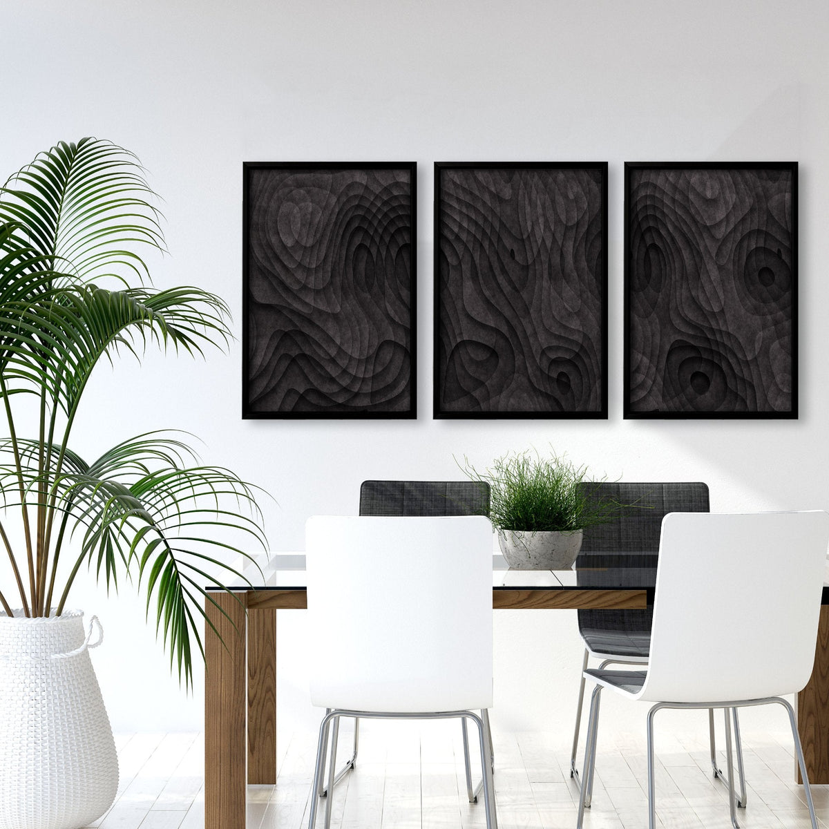 Abstract Wall Art Paintings Dark Charcoal Topographic Wave Texture | Set of 3