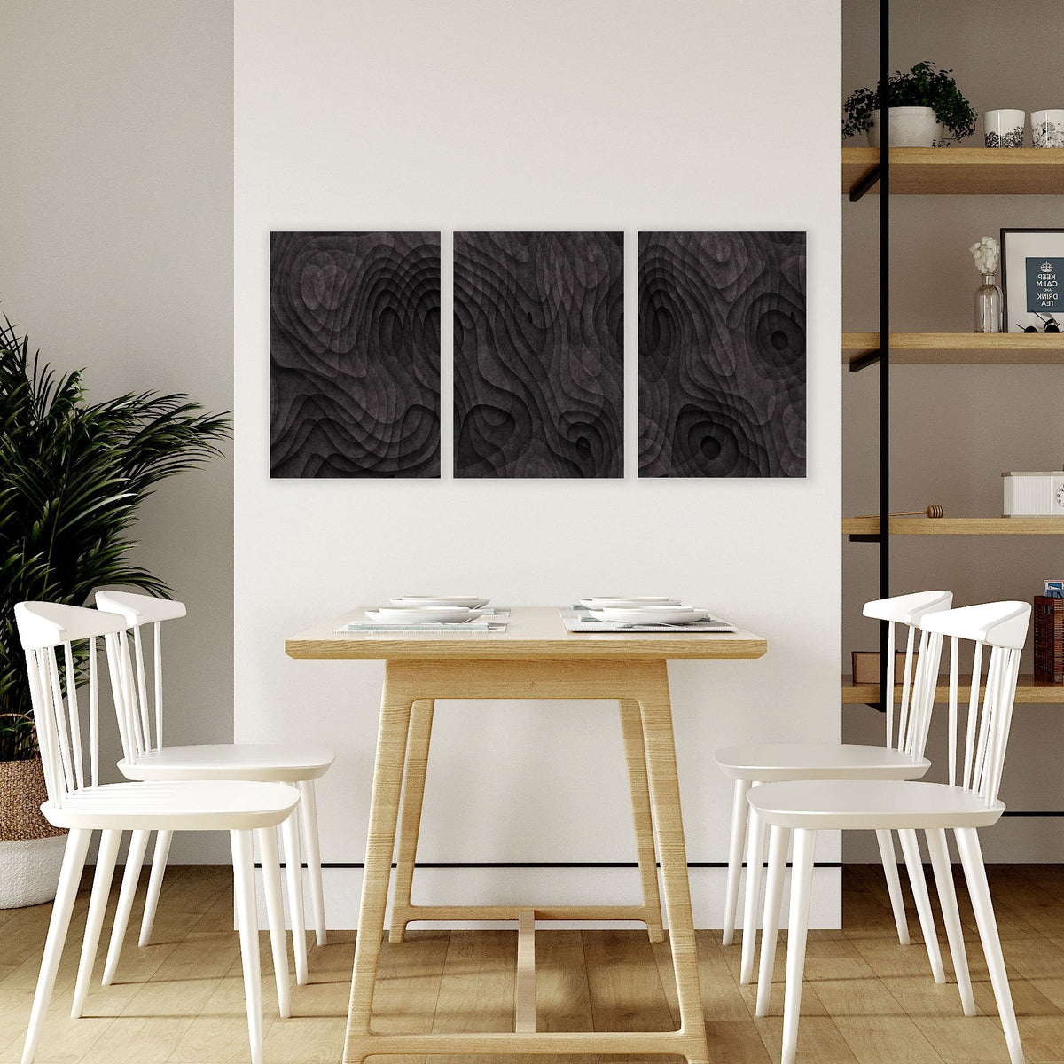 Abstract Wall Art Paintings Dark Charcoal Topographic Wave Texture | Set of 3