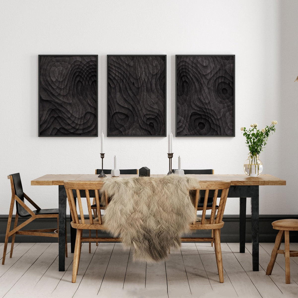 Abstract Wall Art Paintings Dark Charcoal Topographic Wave Texture | Set of 3