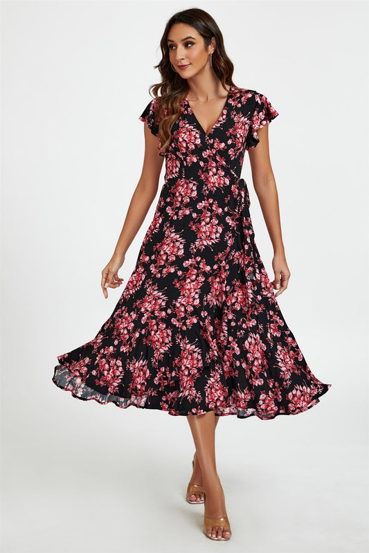 Pink Floral Frill Sleeve Midi Wrap Dress In Black