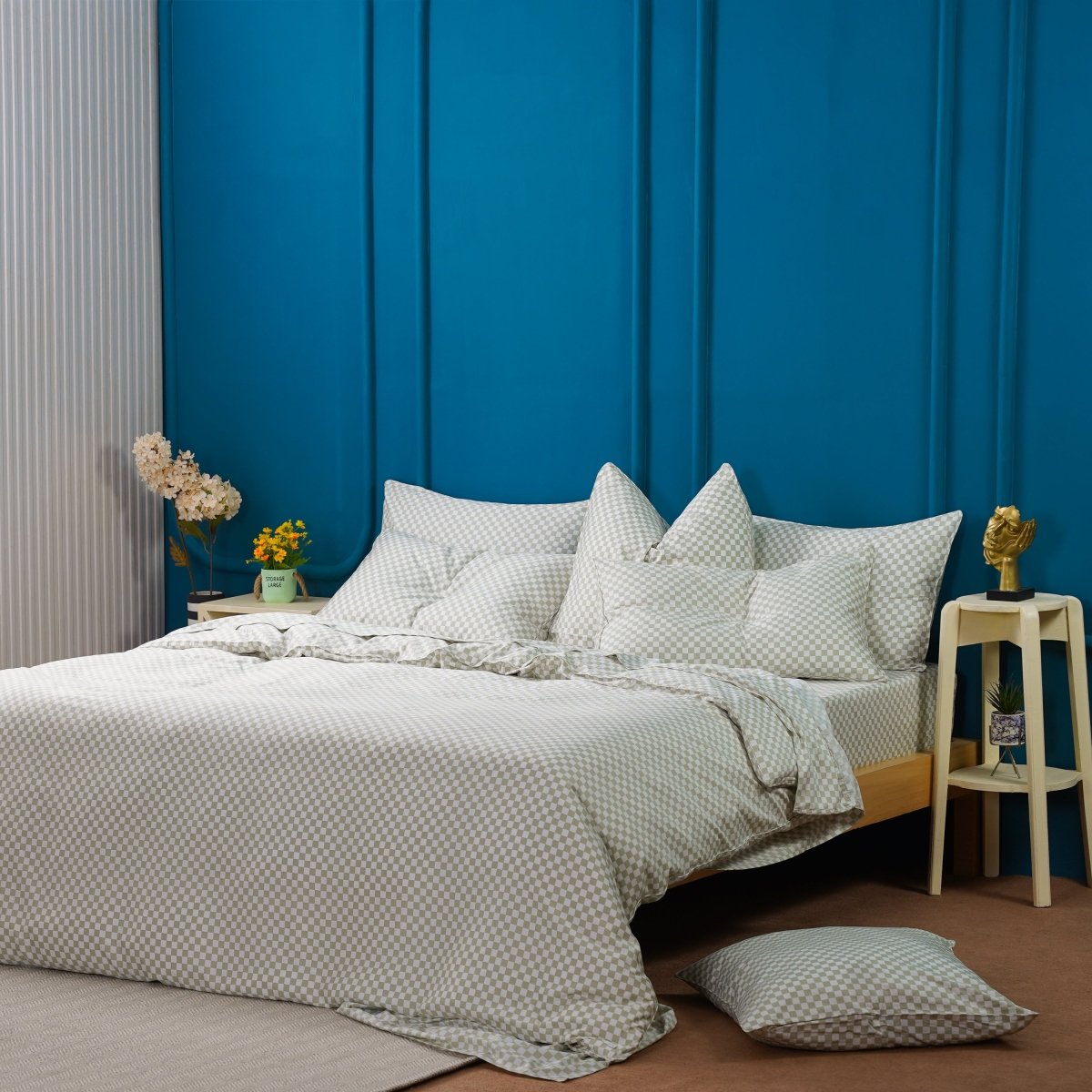 Ackly Bamboo - Sage Checkered Duvet Cover, Sheet & Pillowcases Set