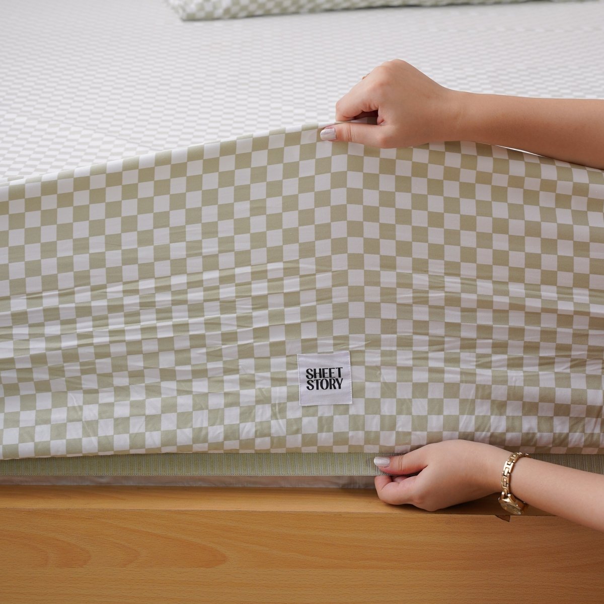 Ackly Bamboo - Sage Checkered Duvet Cover, Sheet & Pillowcases Set