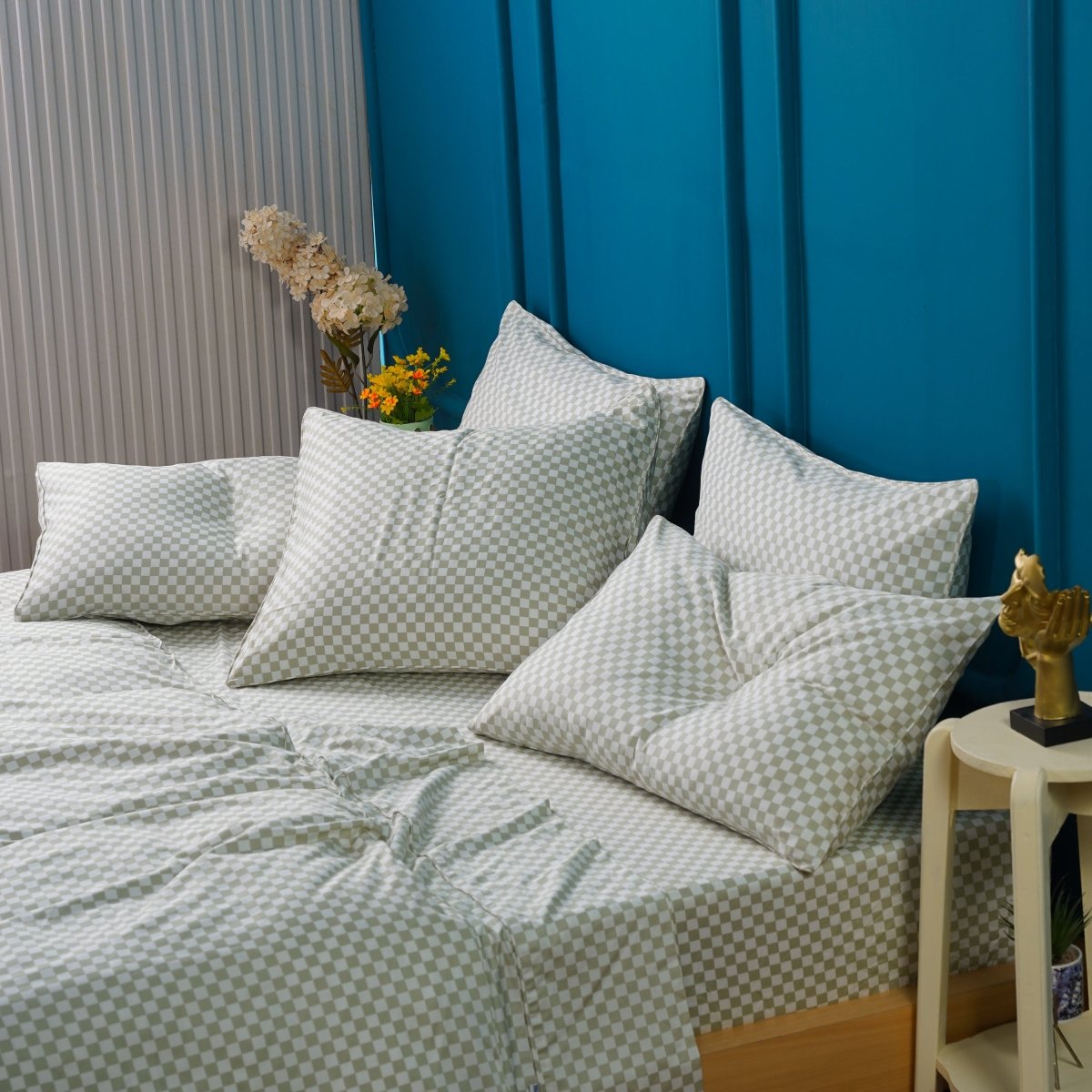 Ackly Bamboo - Sage Checkered Duvet Cover, Sheet & Pillowcases Set