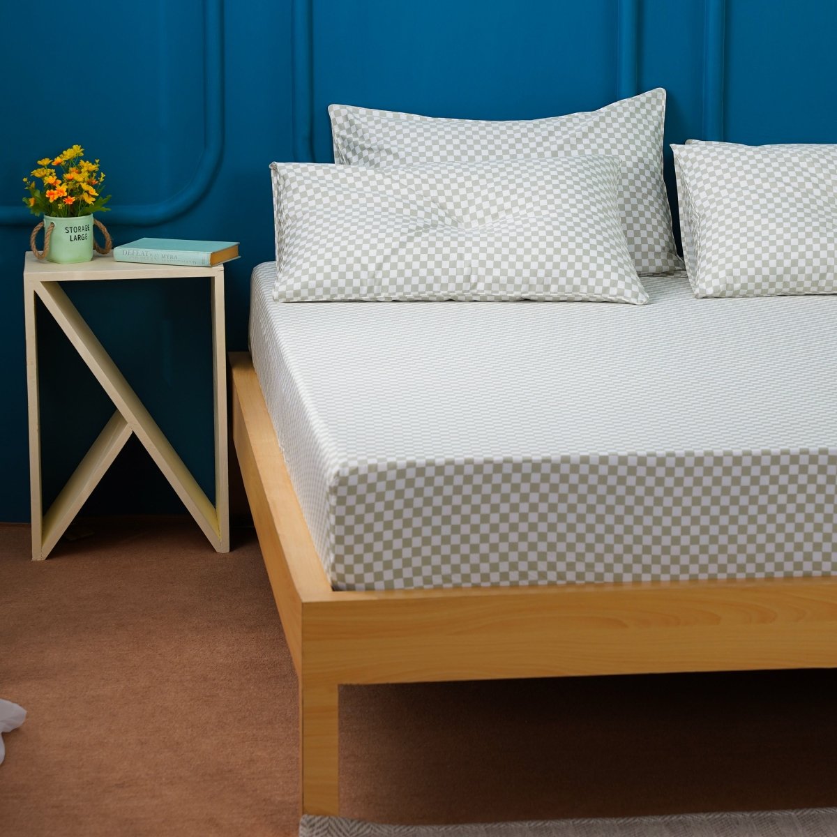 Ackly Bamboo - Sage Checkered Duvet Cover, Sheet & Pillowcases Set