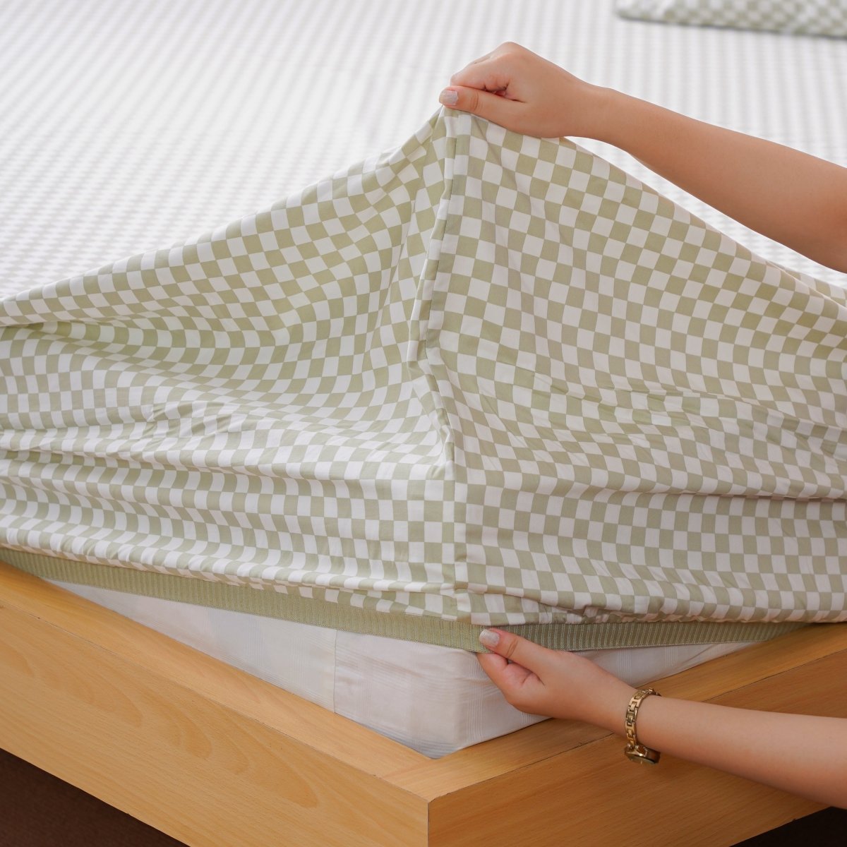 Ackly Bamboo - Sage Checkered Duvet Cover, Sheet & Pillowcases Set