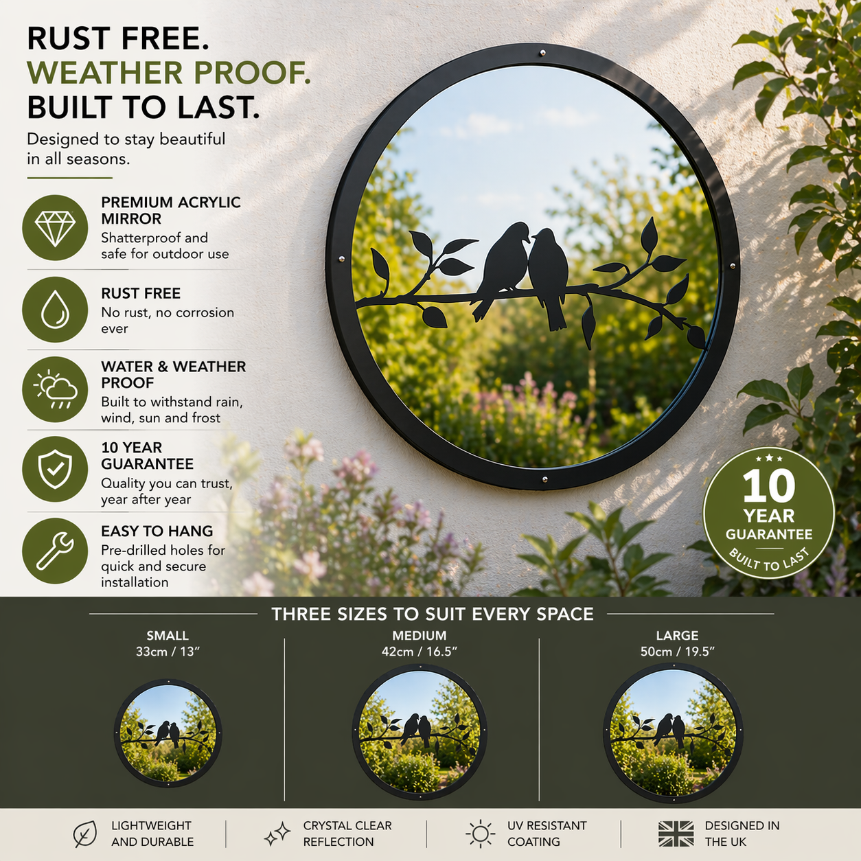 SunCatcher Garden Mirror Round Two Little Birds Range of Sizes