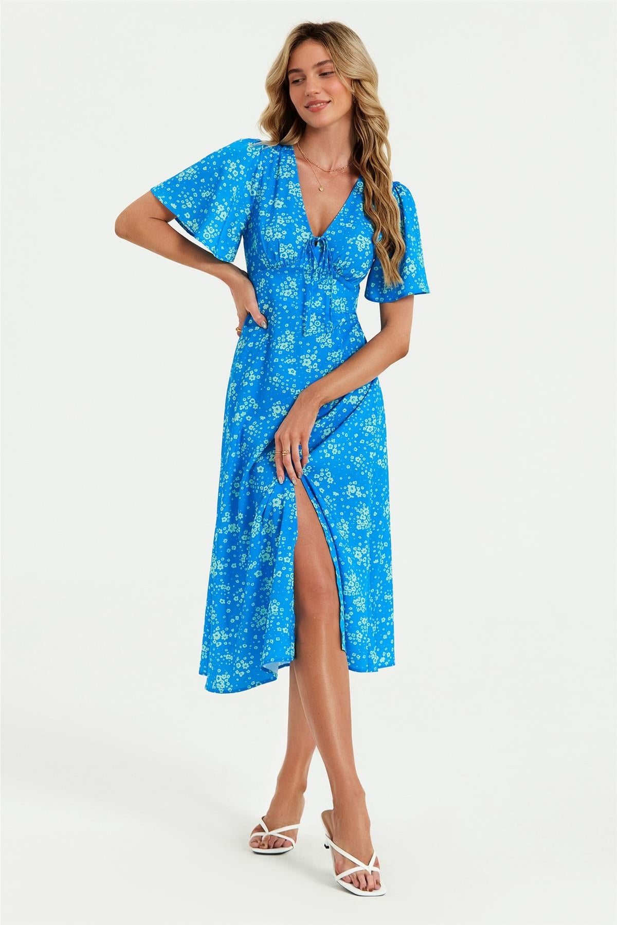 Green Floral Print Angel Sleeve Midi Dress In Blue