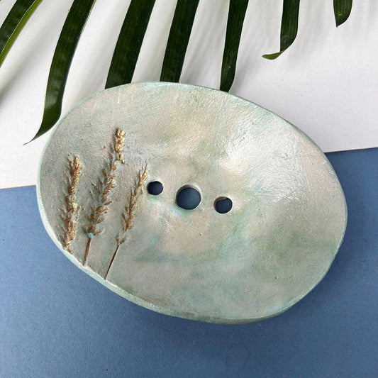 Green and Gold Ceramic Soap Dish With Drainage