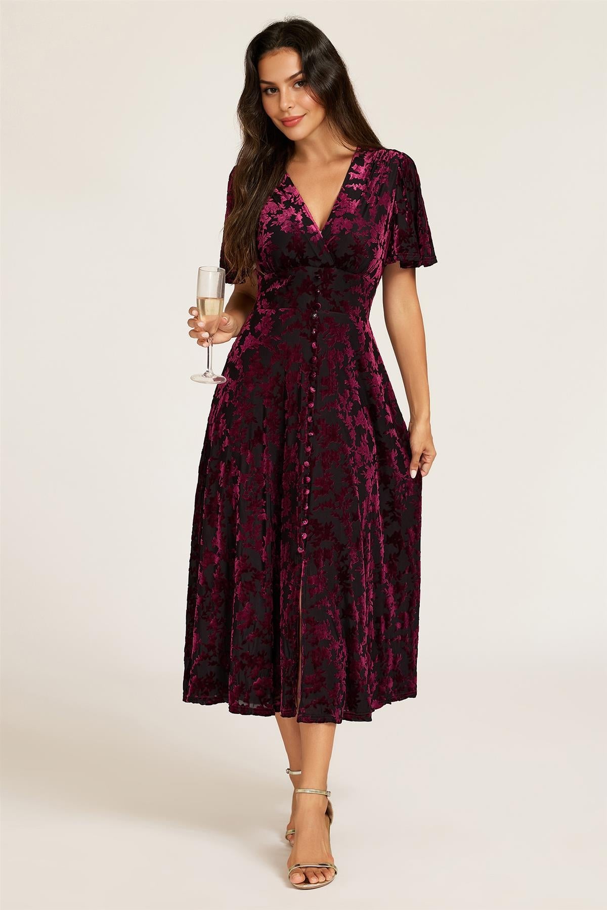 Floral Velvet Devore V neckline Dress In Wine