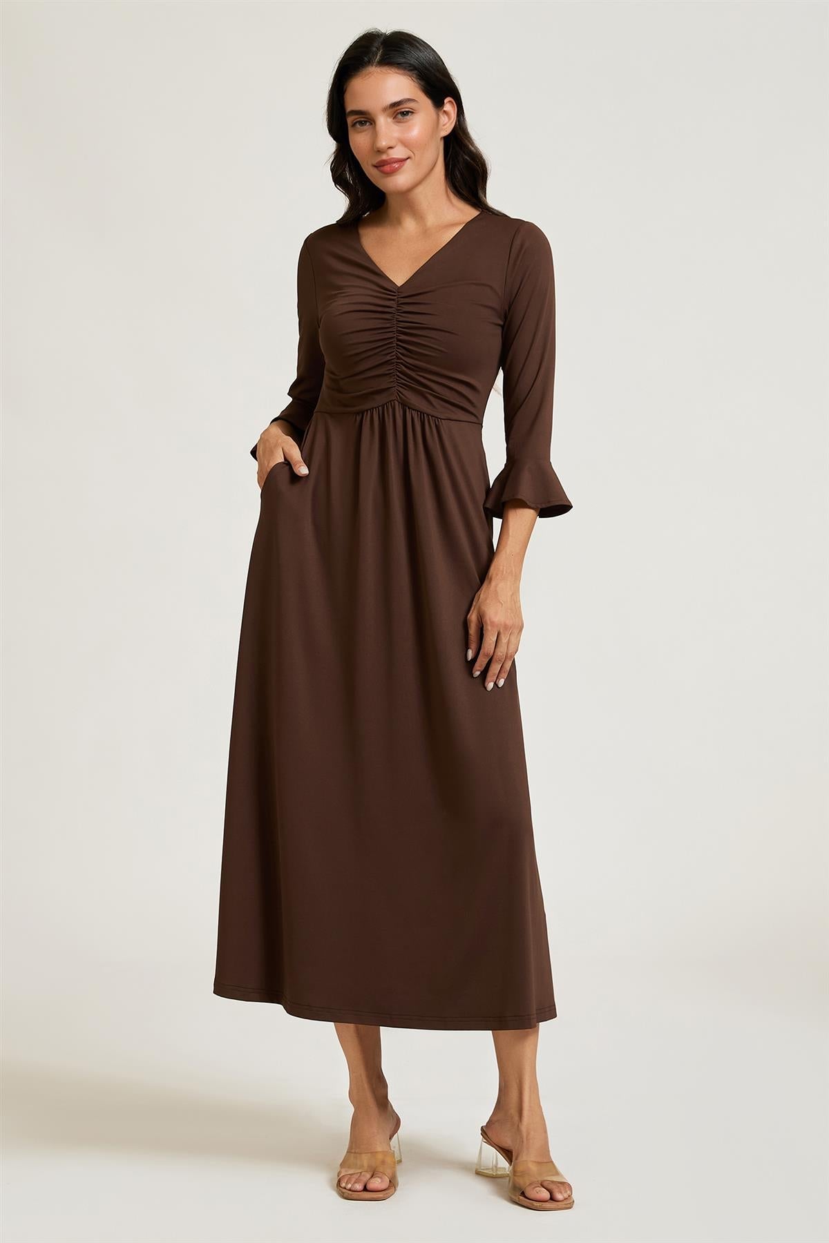 Fluted Sleeves Ruched Jersey Midi Dress In Brown