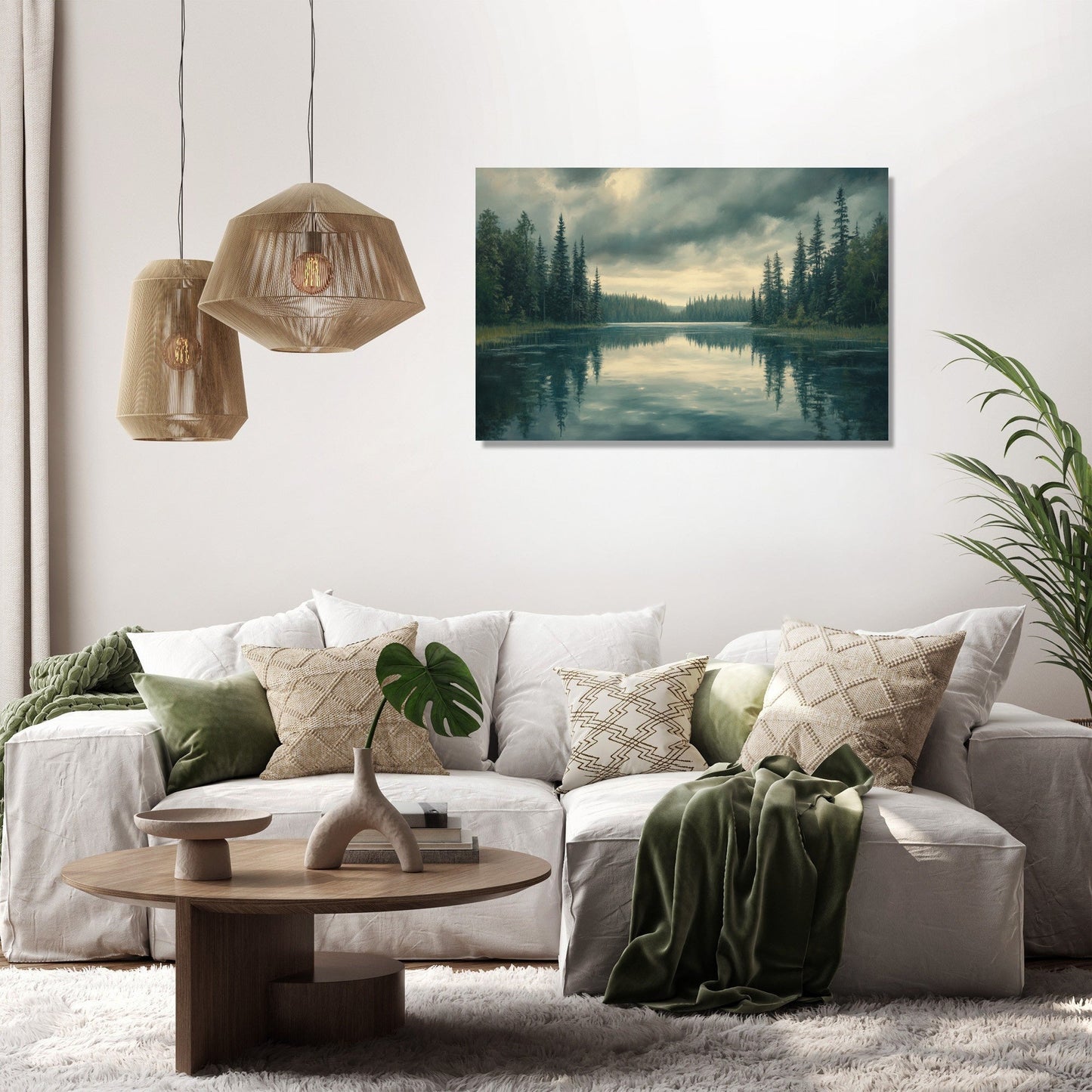 Reflective Pines under Grey Canvas