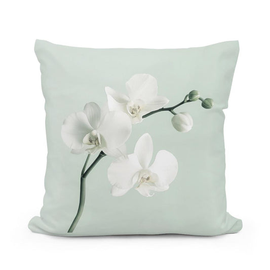 White Orchid on Mint Cotton Cushion