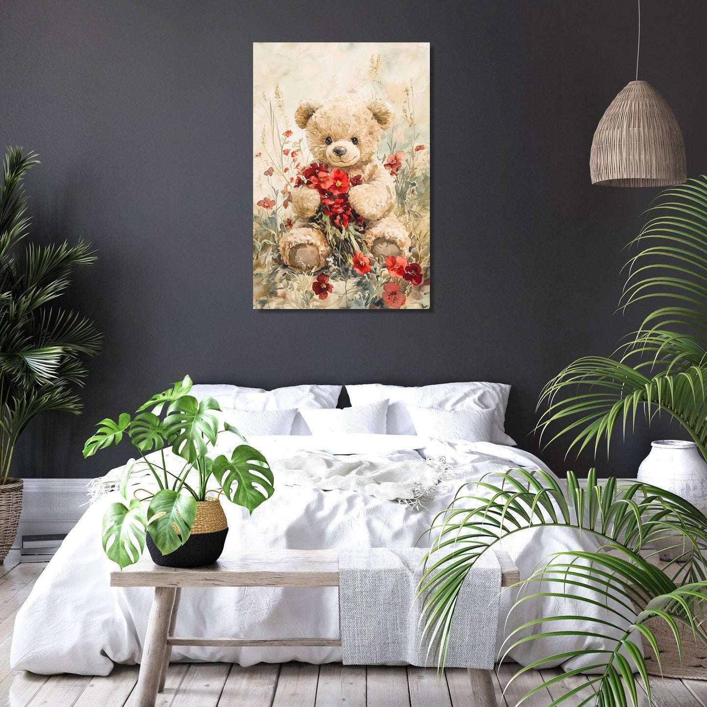 Teddy's Floral Embrace Canvas