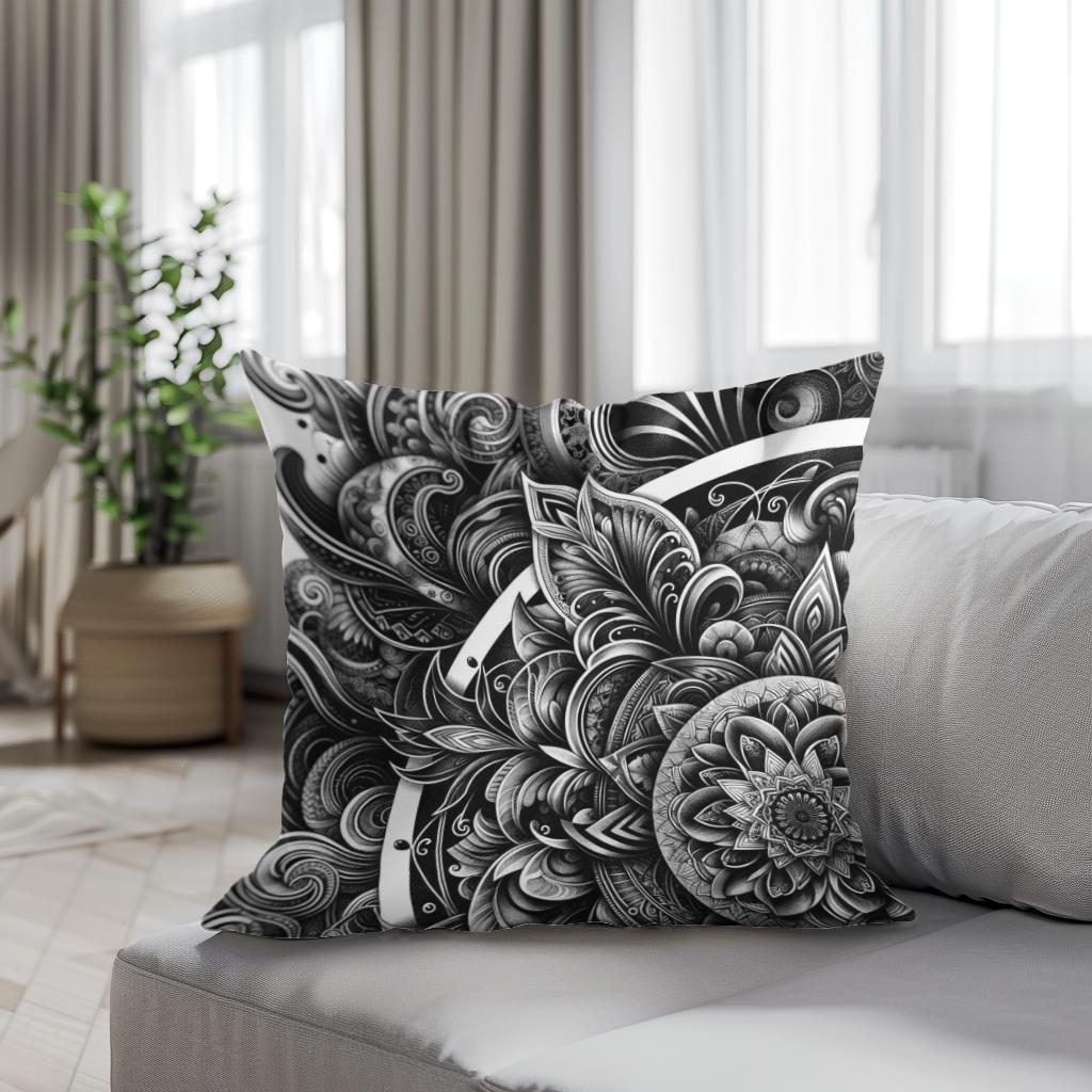 Inked Grace: Silver Line Elegance Cotton Cushion