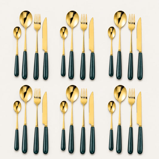 Aldermere 24-Piece Gold Cutlery Set – Forest Green