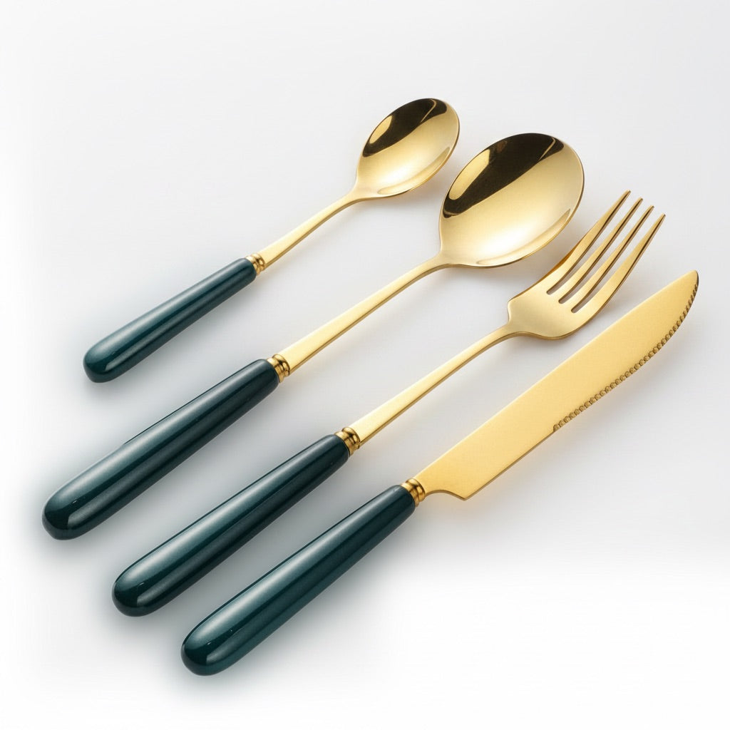 Aldermere 24-Piece Gold Cutlery Set – Forest Green