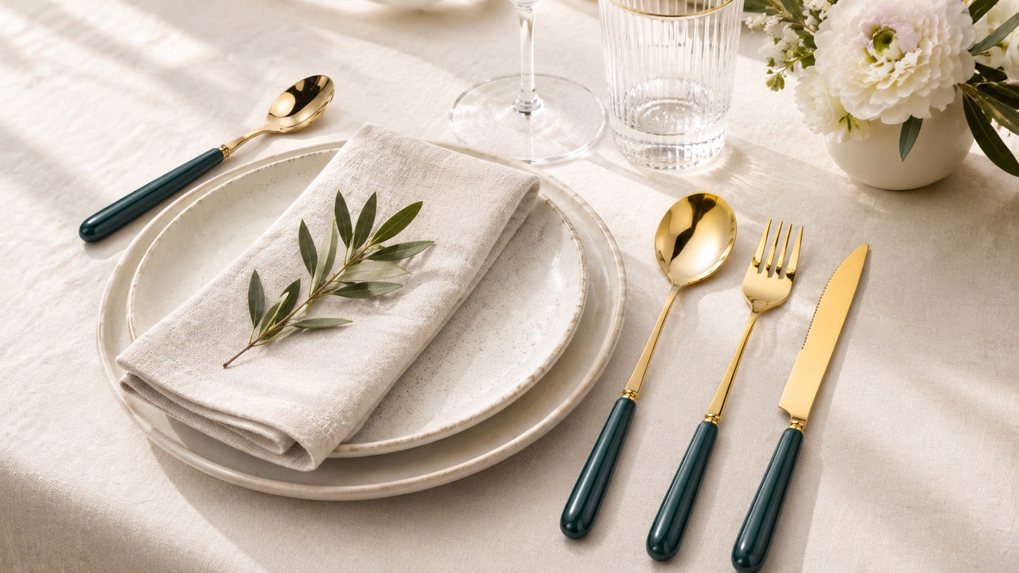 Aldermere 16-Piece Gold Cutlery Set – Forest Green