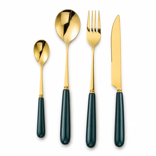 Aldermere 24-Piece Gold Cutlery Set – Forest Green