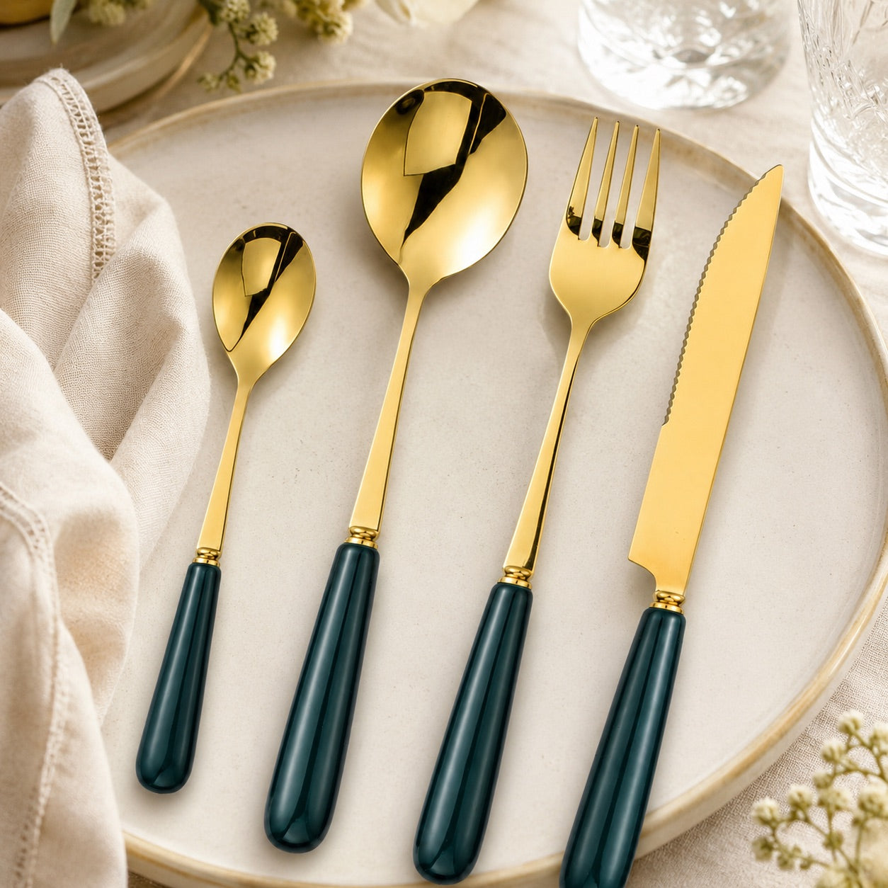Aldermere 24-Piece Gold Cutlery Set – Forest Green