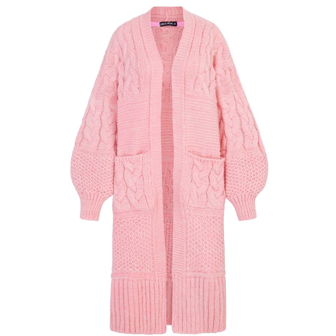 Alex Balloon Sleeve Chunky Oversized Cable Maxi Cardigan - Pink