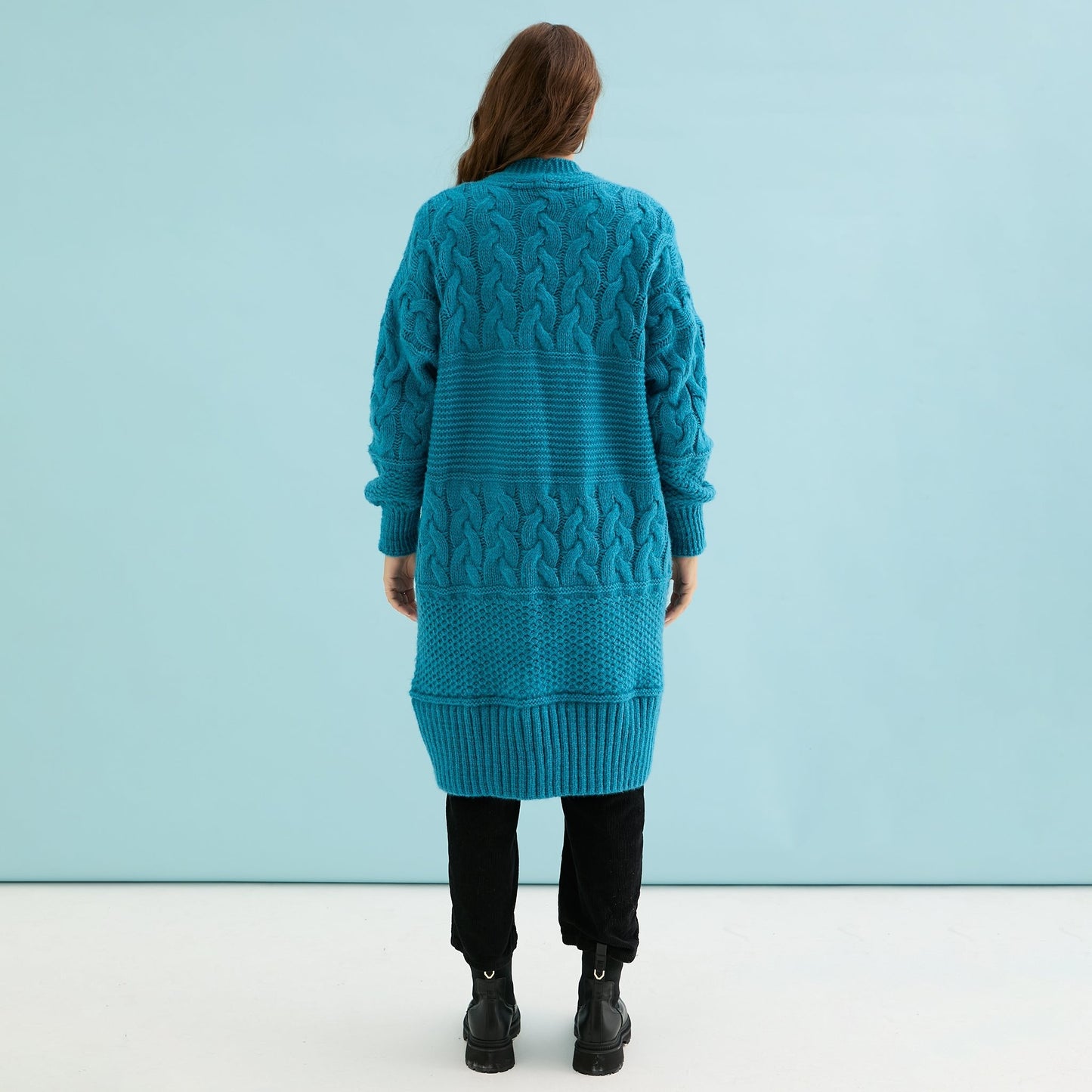 Alex Chunky Oversized Balloon Sleeve Cable Maxi Cardigan - Teal