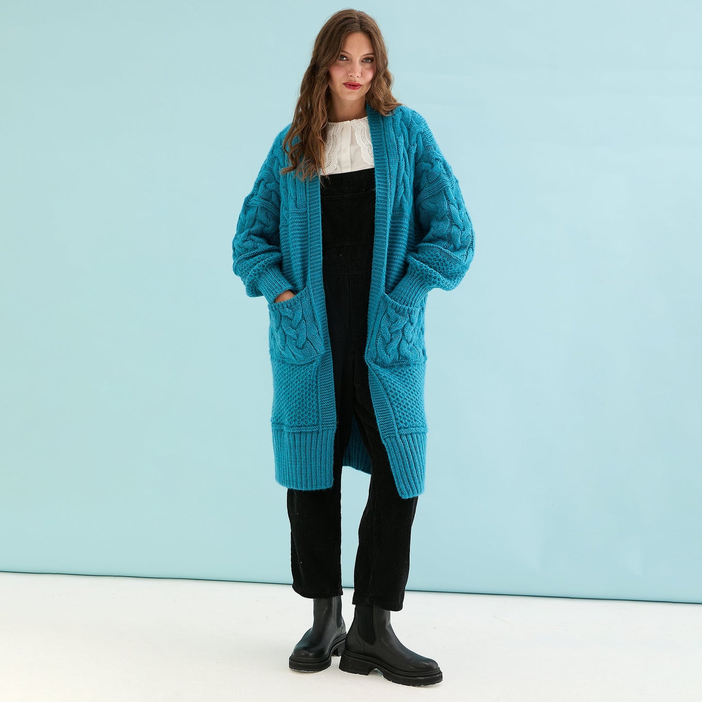 Alex Chunky Oversized Balloon Sleeve Cable Maxi Cardigan - Teal