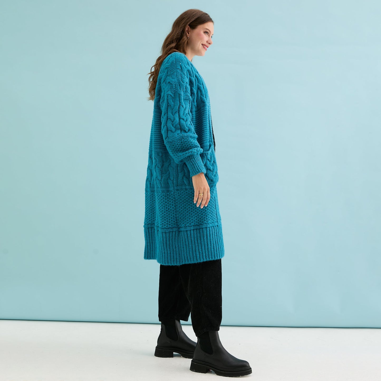 Alex Chunky Oversized Balloon Sleeve Cable Maxi Cardigan - Teal