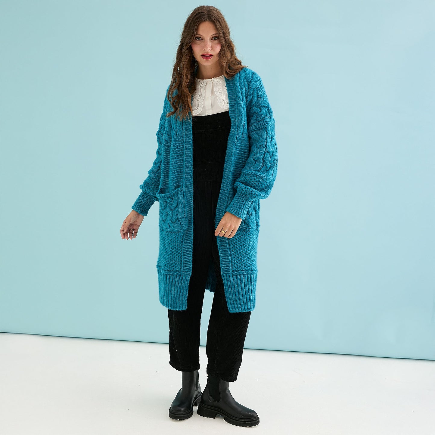 Alex Chunky Oversized Balloon Sleeve Cable Maxi Cardigan - Teal