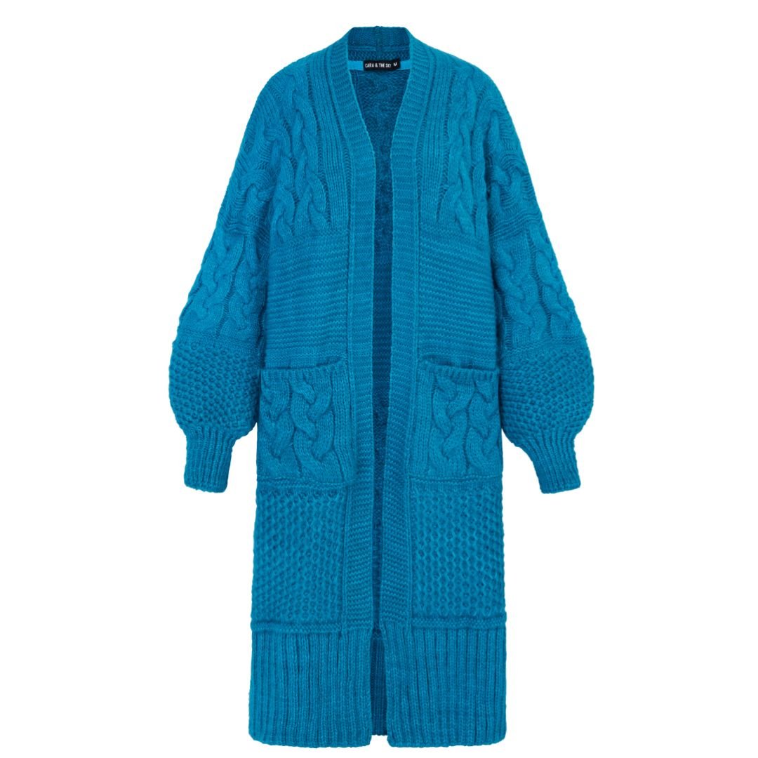 Alex Chunky Oversized Balloon Sleeve Cable Maxi Cardigan - Teal