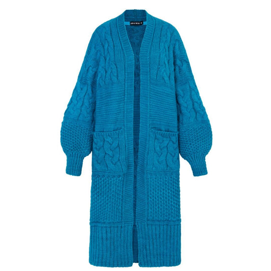 Alex Chunky Oversized Balloon Sleeve Cable Maxi Cardigan - Teal