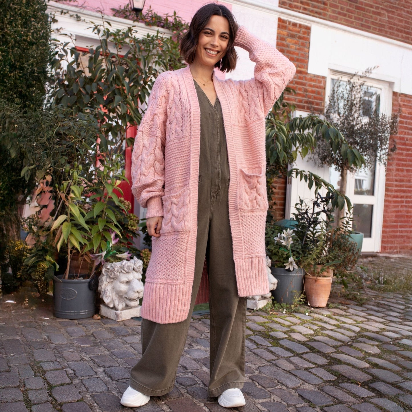 Alex Balloon Sleeve Chunky Oversized Cable Maxi Cardigan - Pink
