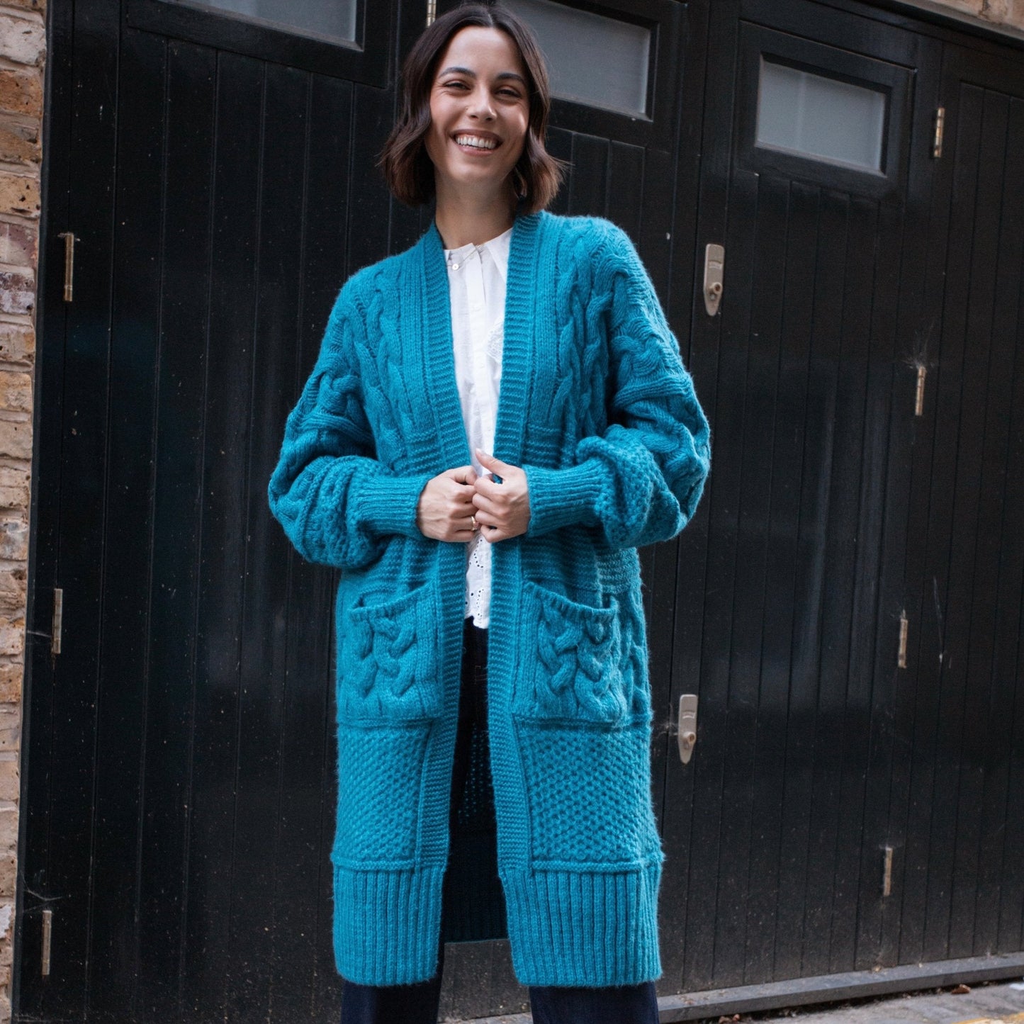 Alex Chunky Oversized Balloon Sleeve Cable Maxi Cardigan - Teal
