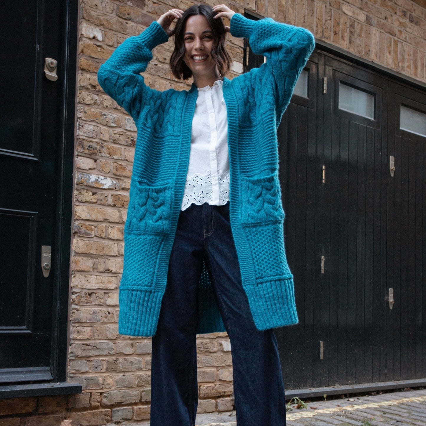 Alex Chunky Oversized Balloon Sleeve Cable Maxi Cardigan - Teal