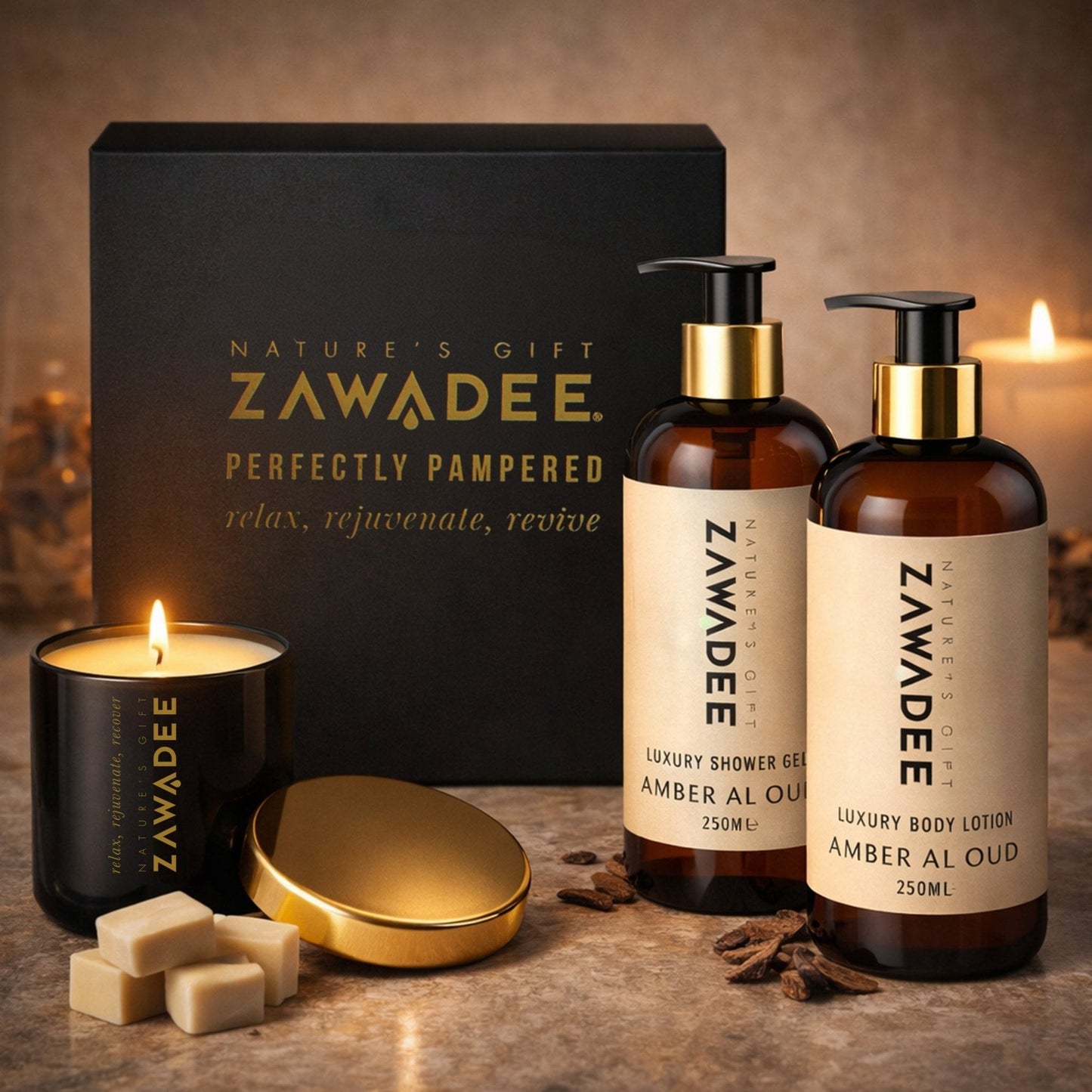 Luxury Oud Gift Set – Candle, Body Wash & Lotion | Amber Al Oud Ritual