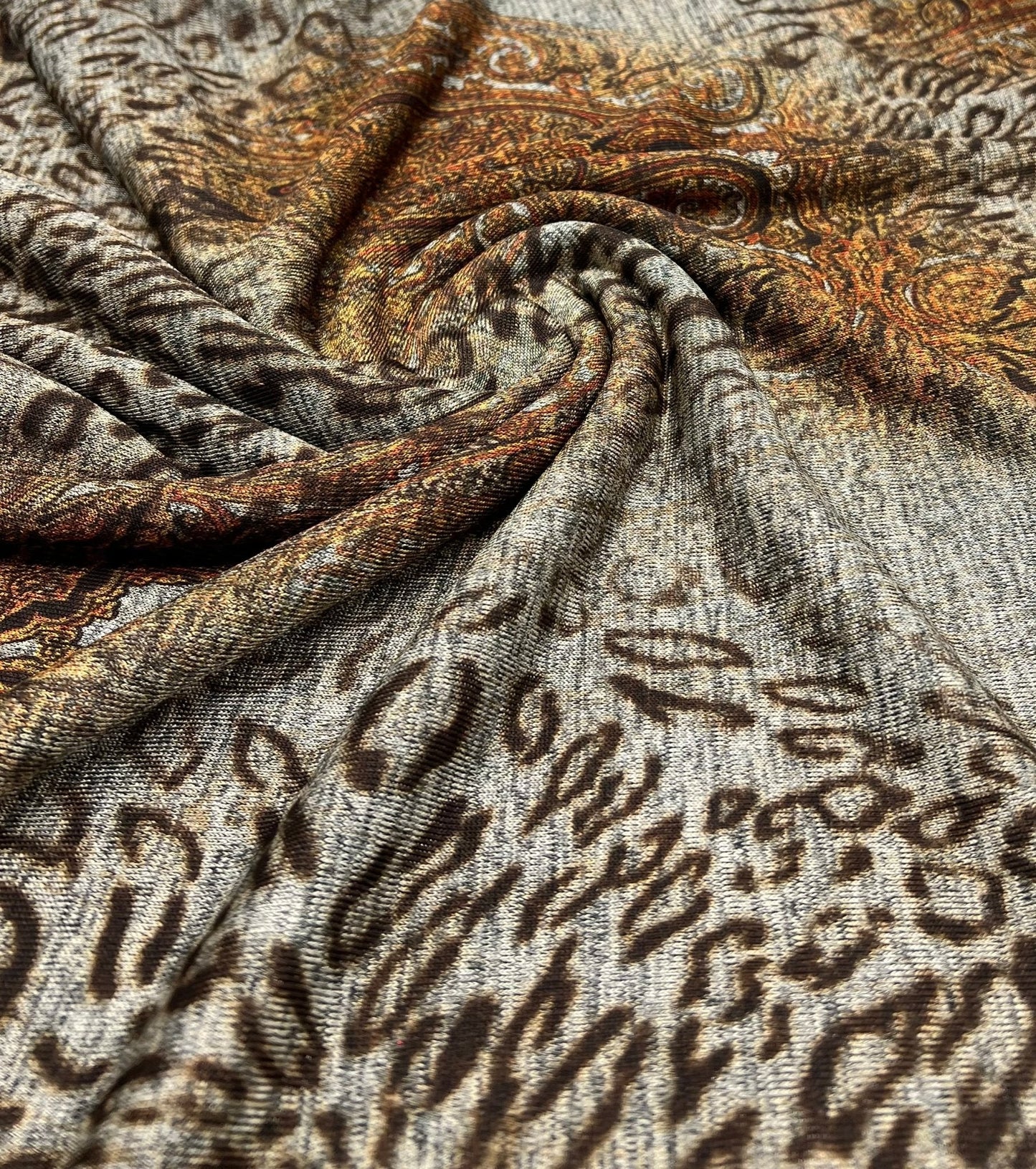 Animal Grey Orange Floral Melange Knit Stretch Fabric