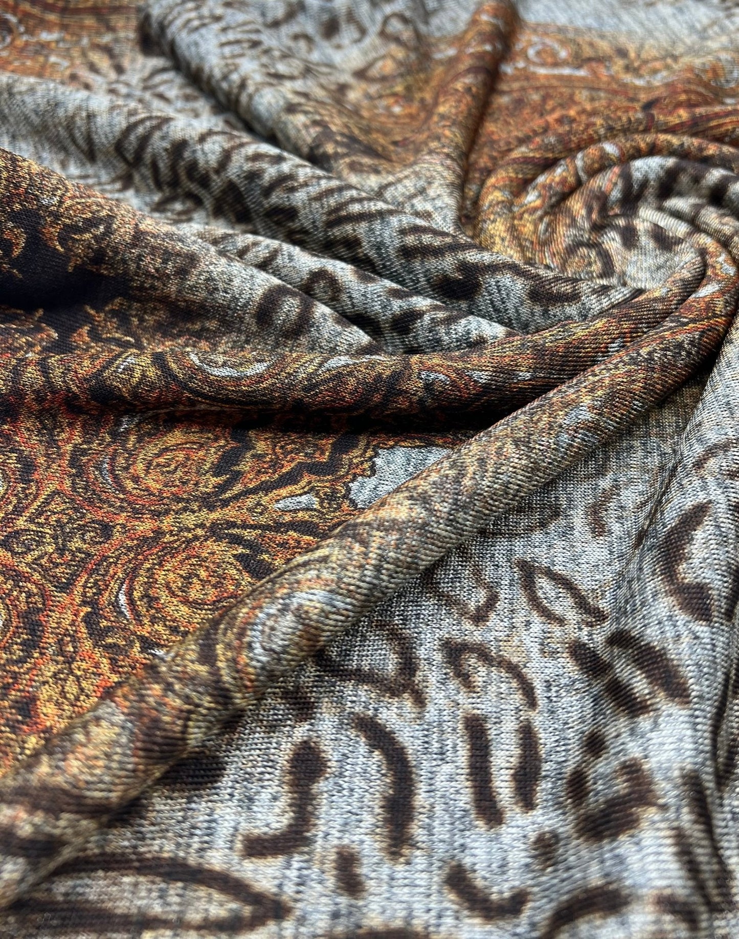 Animal Grey Orange Floral Melange Knit Stretch Fabric