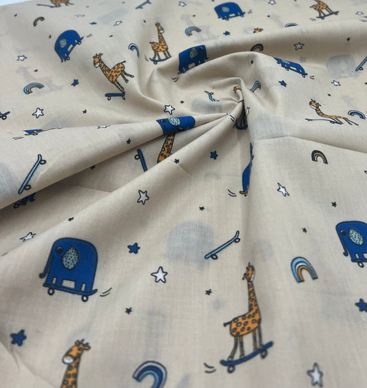 Animals Scoot Beige Printed Polycotton 90 GSM 80/20 44 Inch Non Stretch