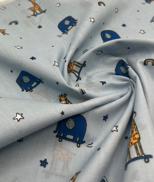 Animals Scoot Baby Blue Printed Polycotton 90 GSM 80/20 44 Inch Non Stretch