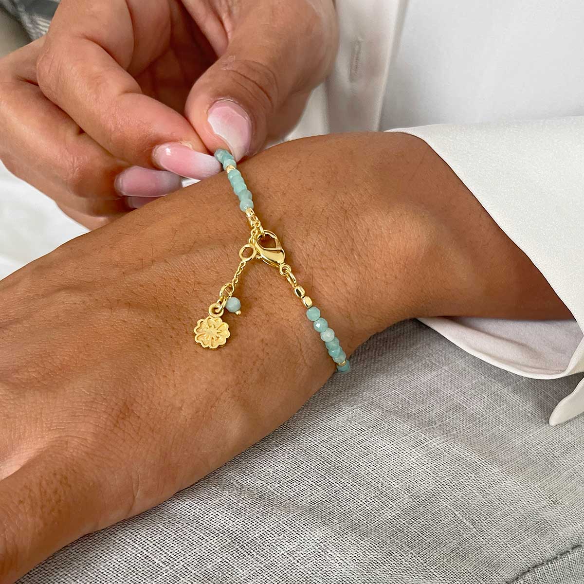 Milos Gemstone and Gold Bead Bracelet Malachite