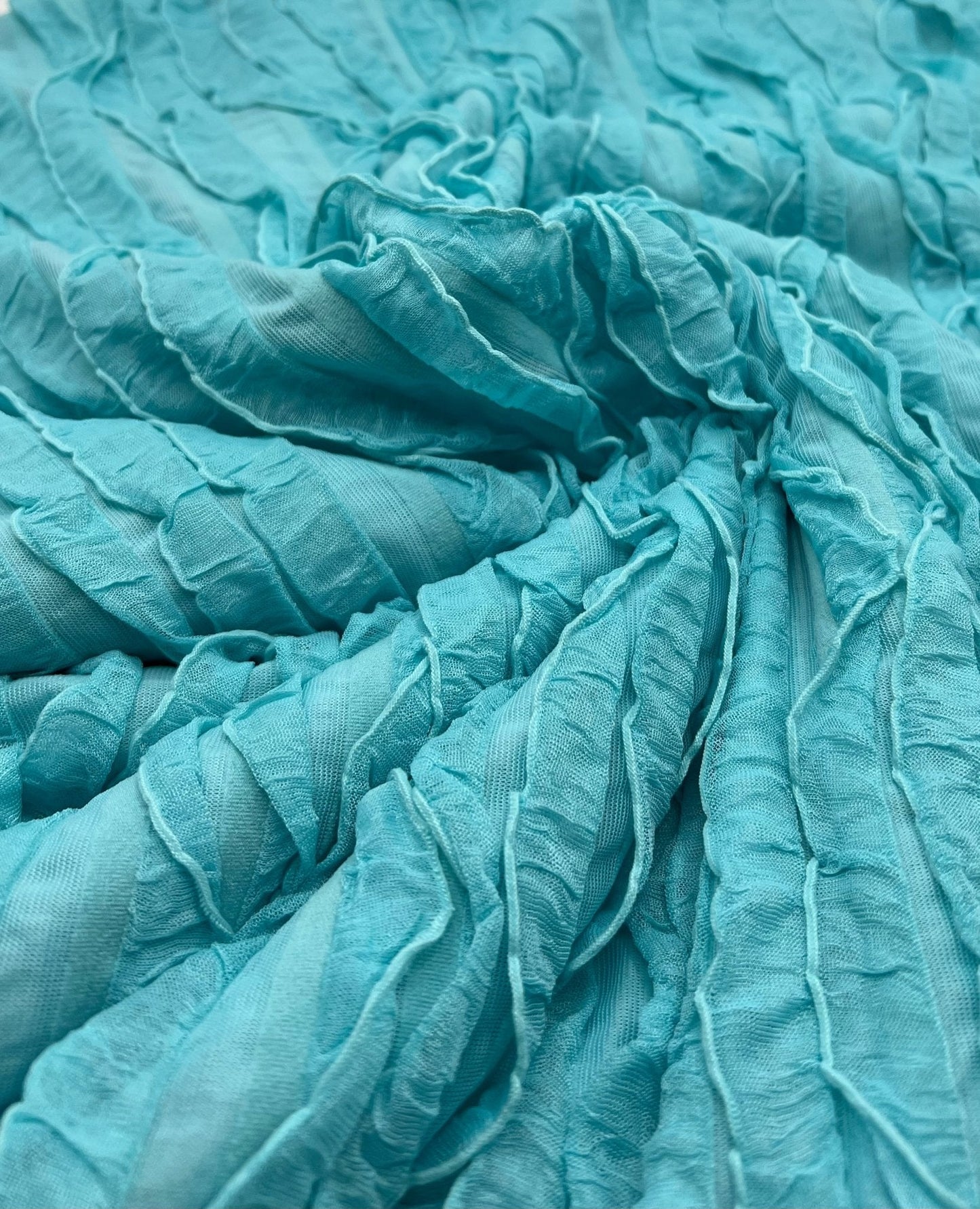 Aqua Blue Ruffle Textured 4 Way Stretch Fabric