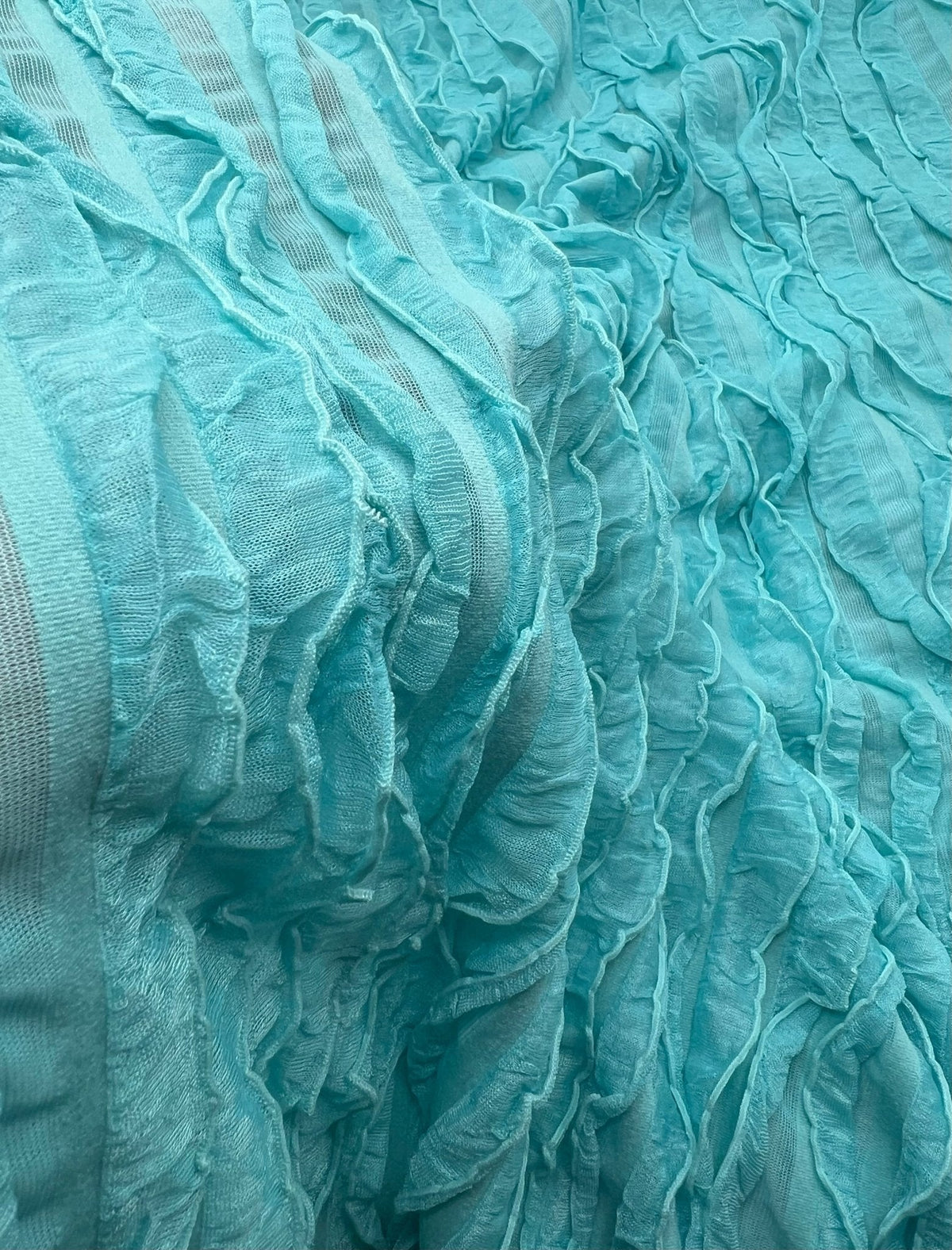 Aqua Blue Ruffle Textured 4 Way Stretch Fabric