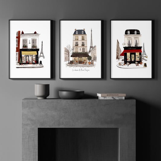 Art Above Fireplace Paris Street Café Watercolour Prints | "Le Charme de l'Hiver Parisien" | Set of 3