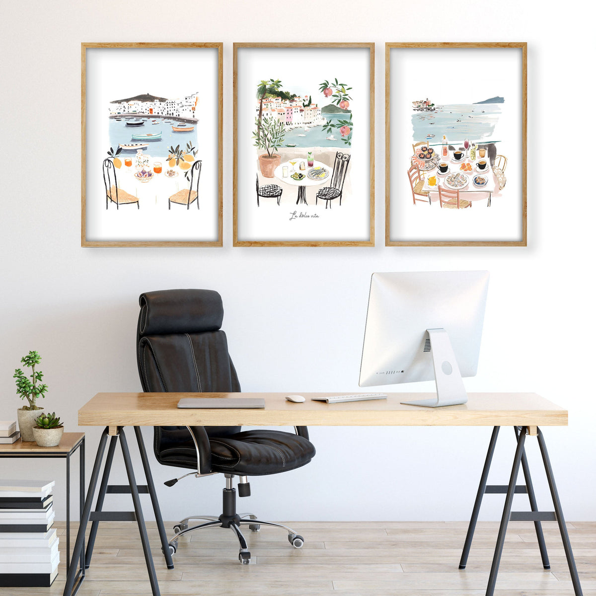 Art for an Office Mediterranean Coastal Dining Scene Wall Art Prints | "La Dolce Vita" | Set of 3