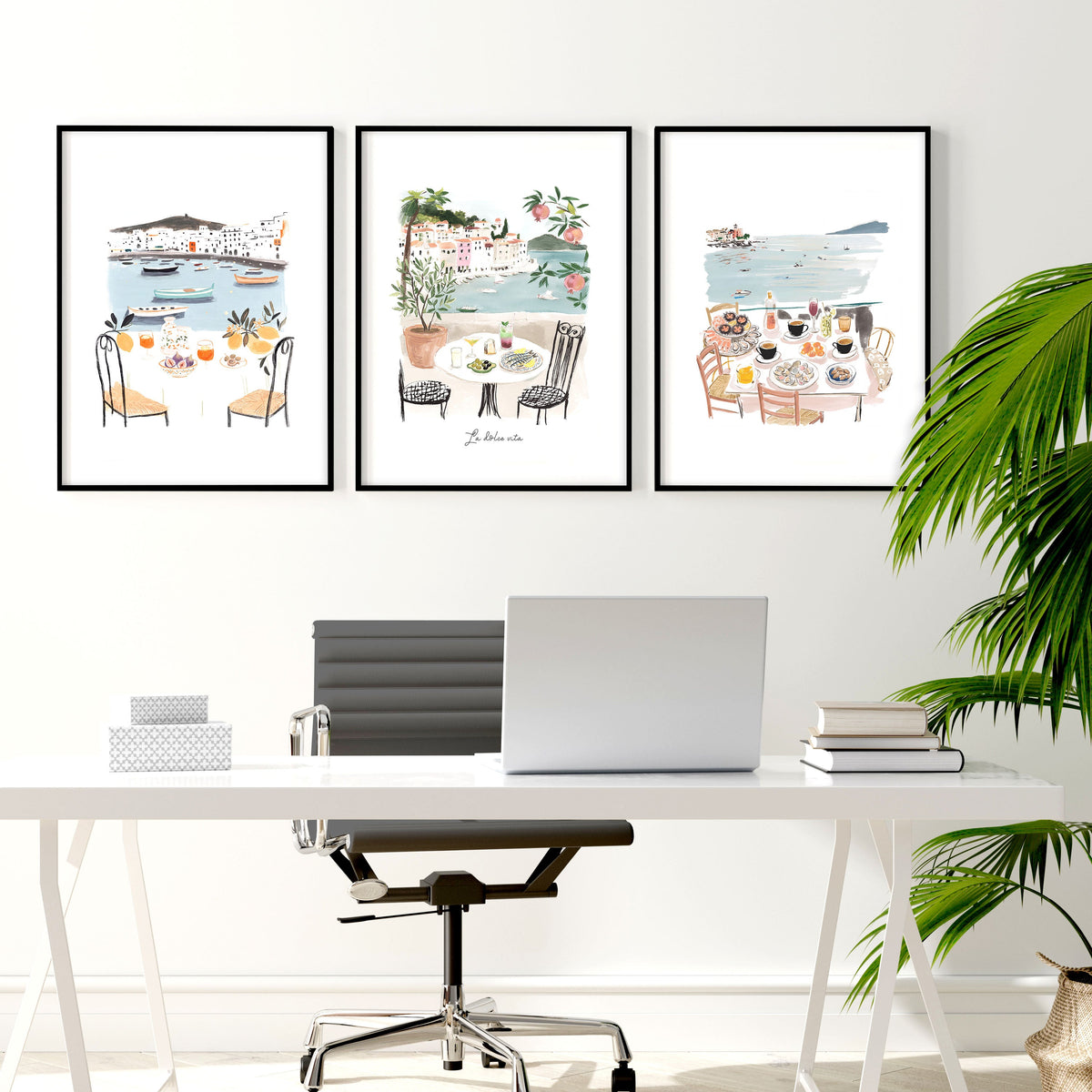 Art for an Office Mediterranean Coastal Dining Scene Wall Art Prints | "La Dolce Vita" | Set of 3