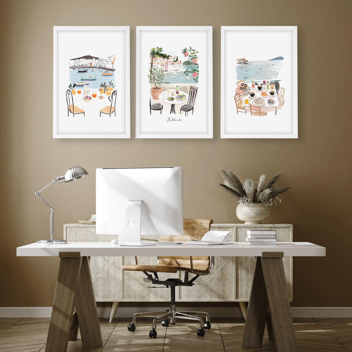 Art for an Office Mediterranean Coastal Dining Scene Wall Art Prints | "La Dolce Vita" | Set of 3