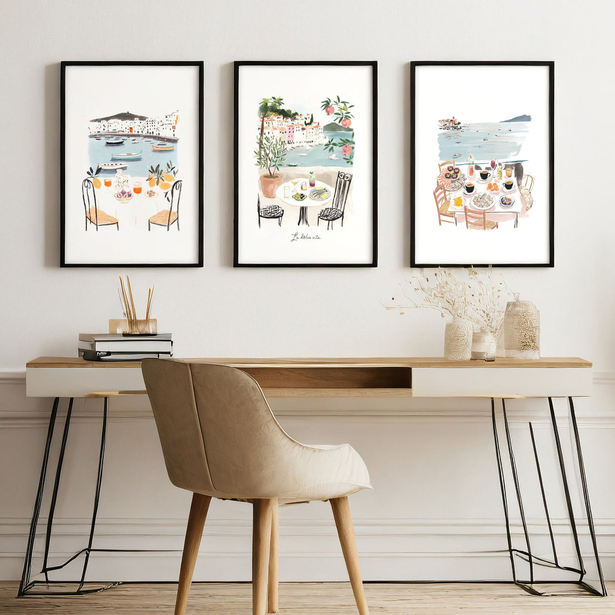 Art for an Office Mediterranean Coastal Dining Scene Wall Art Prints | "La Dolce Vita" | Set of 3