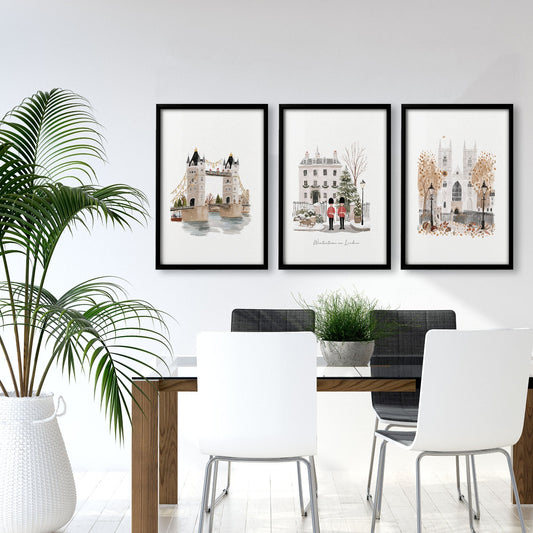 Art For Dining Room Wall London Travel Wall Art Prints | "Wintertime In London" Beige & Ochre Set of 3
