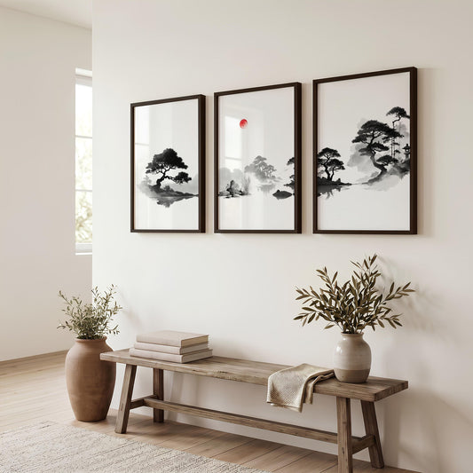 Art Landscape Painting Japanese Ink Wash Black White Red Sun Zen | Set of 3