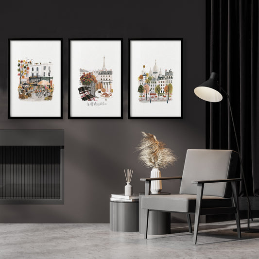 Paris Travel Art Pieces for Wall | Beige, Coral & Grey Illustrated Scenes | "Les Petits Plaisirs de la Vie" | Set of 3