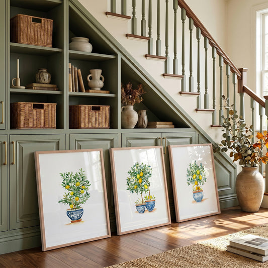 Art Print Green Lemon Tree Watercolour | French Country Mediterranean Wall Art | Set of 3